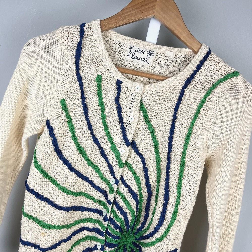 Anthropologie Field Flower Cardigan Sweater Womens S Cream Ribbon Embellished